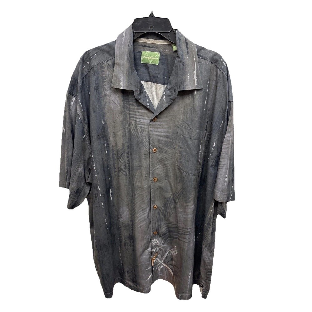 Tommy Bahama Men Silk Camp Shirt Gray Button Short Sleeve Pocket Tropical XXL
